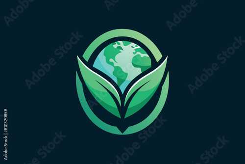 A stylized logo with Earth cradled by two green leaves, symbolizing eco-friendliness