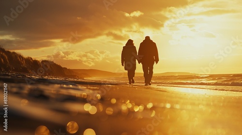 Elderly couple walking on sandy beach at sunset