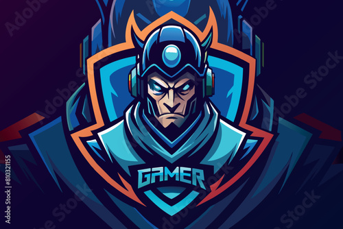 Stylized mascot of a gamer in futuristic blue armor, exuding competitiveness