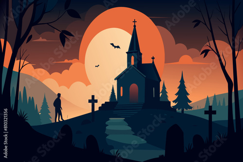 Sunset casts warm glow on chapel and gravestones  silhouetting lone figure