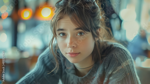 A young woman thinking in a cafe