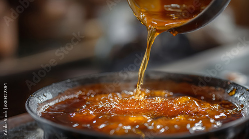 Close-Up View Of A Caramel Drizzle Perfectly Executed Over A Culinary Creation, The Essence Of Gourmet Cooking And Food Artistry