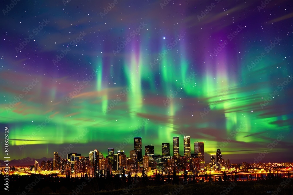 Northern lights over a bustling cityscape at night, showcasing nature's grandeur juxtaposed with urban life.