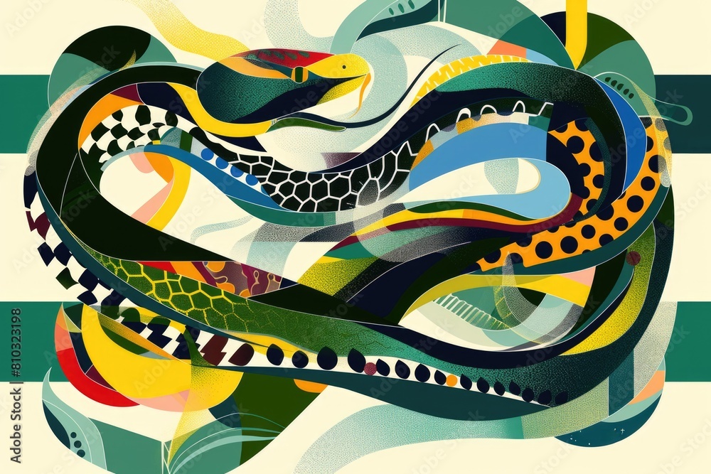 Obraz premium Colorful Illustration of an Entwined Snake, Artistic Representation with Modern Geometric Background