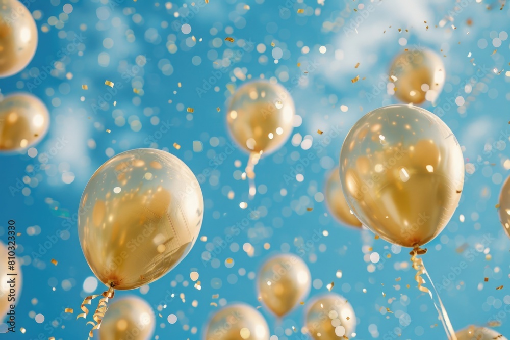 Golden and transparent balloons soaring against a clear blue sky with wispy clouds