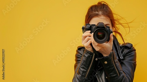 woman holding a professional camera on yellow background