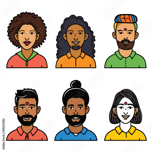 Six diverse cartoon characters shoulders up. Characters vary ethnicity, hairstyles, facial hair, colorful clothing representing different cultures, character smiling, showing positive, friendly