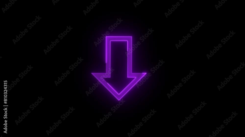 Neon down direction arrow icon glowing neon purple color animation black background