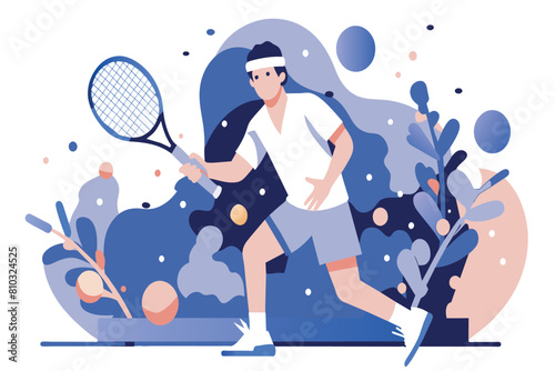 A male tennis player prepares to hit a ball during an evening game, stylized with abstract design