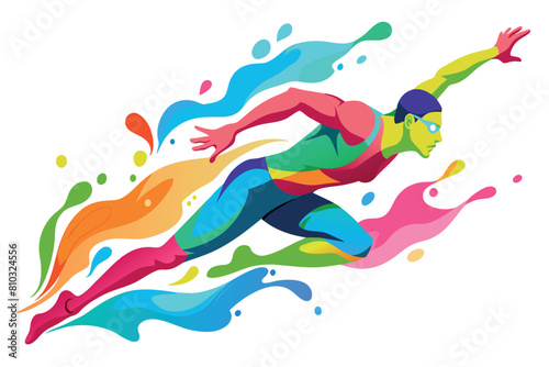 A stylized swimmer leaps forward, surrounded by a burst of vivid colors