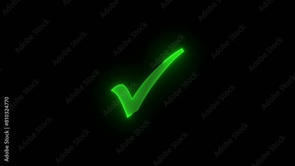 Neon tick mark icon glowing neon green color animation black background