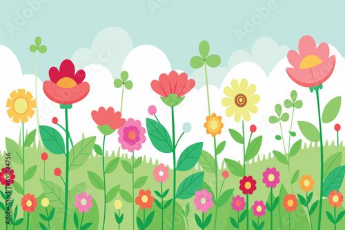 A variety of colorful flowers bloom in a lush spring garden setting