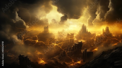 Apocalyptic Vision of a City Engulfed in Lava and Ash under a Dire Sky