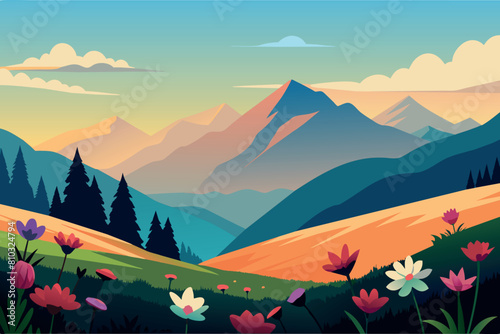 A painting featuring towering mountains in the background with colorful flowers blooming in the foreground