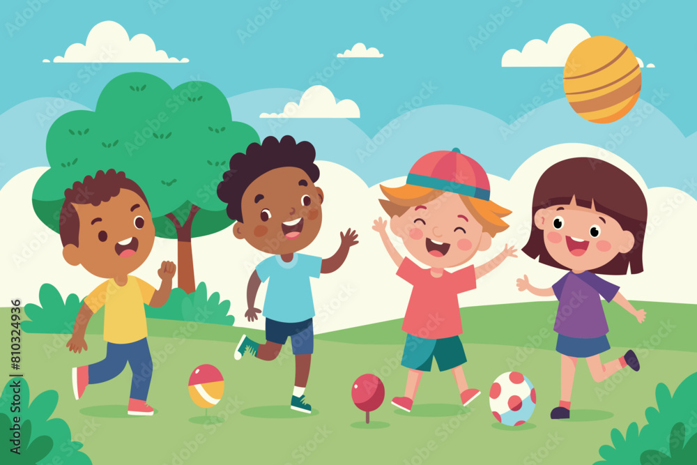 Group of children having fun playing with a ball in a park on a sunny day Group of children having fun playing with a ball in a park on a sunny day
