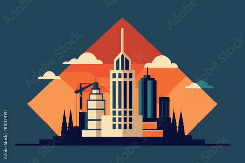 Stylized city skyline with tallest building highlighted against a sunset backdrop