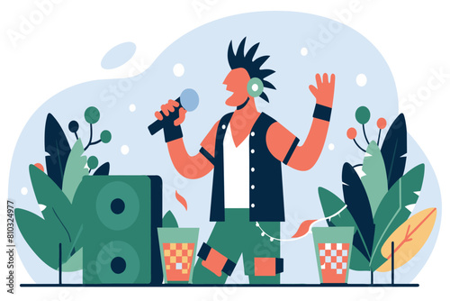 Animated singer with a microphone on stage with speakers and foliage