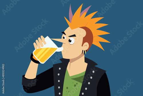 Punk rocker with spiked hair sips beer against a dark background