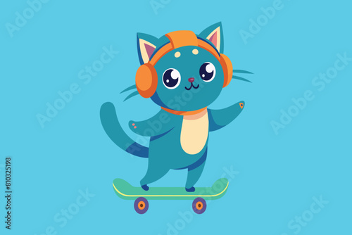 A cartoon cat on a skateboard sports headphones and a hat against a blue background