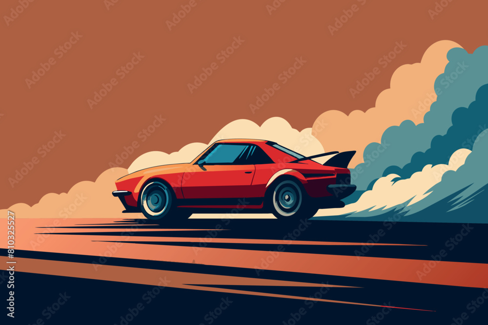 A red car is seen driving down a road under a cloudy sky A red car is seen driving down a road under a cloudy sky