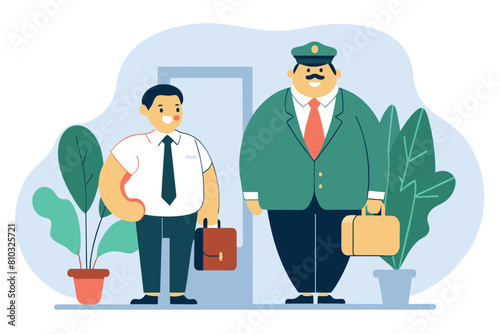 Two businessmen with briefcases greet each other near the office door