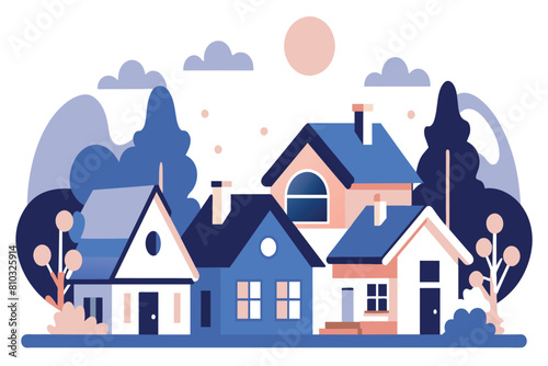 A blue and white house stands amongst a forest of trees