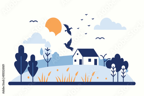 A bird gracefully flies over a quaint house in a clear sky