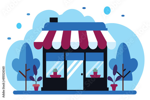 A small store with a red and white striped awning, located on a busy street corner