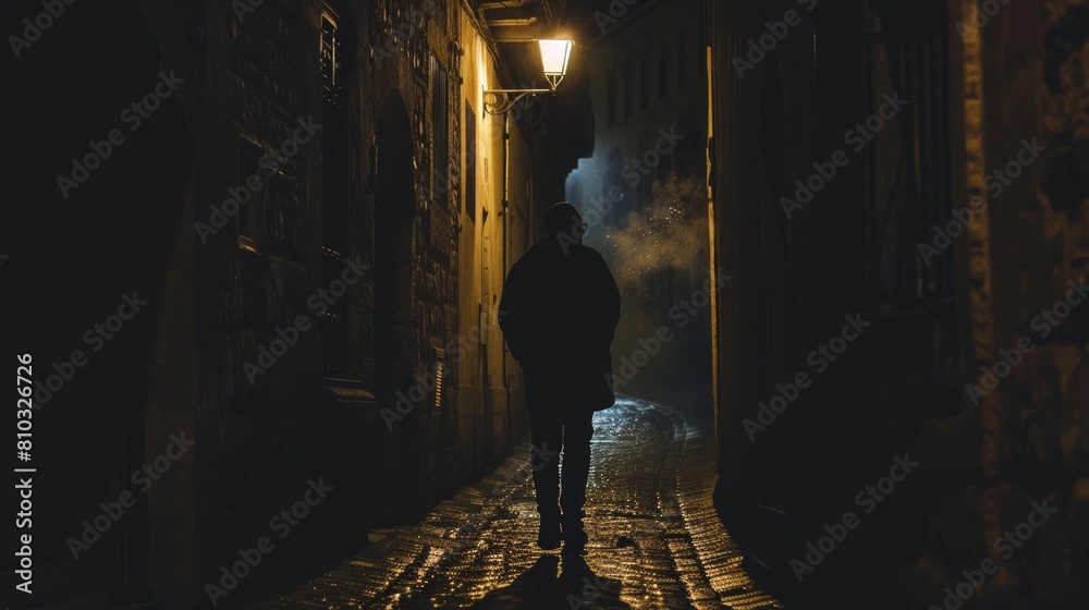 Enigmatic Persona in Dark Alley Silhouette by Streetlight