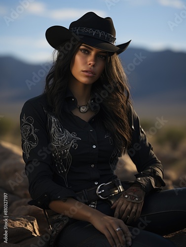Elegant beauty of a cowgirl: grace meets grit, prairie echoes with the allure of a free-spirited, beautiful woman serene charm of a pretty girl, portrait of grace.
