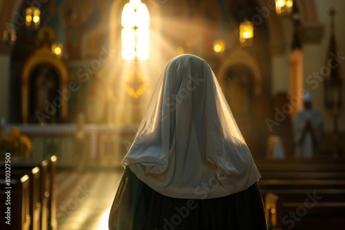 Nun Facing Altar in Church - Worship and Devotion, Religious Practices, Faith-Based Imagery
