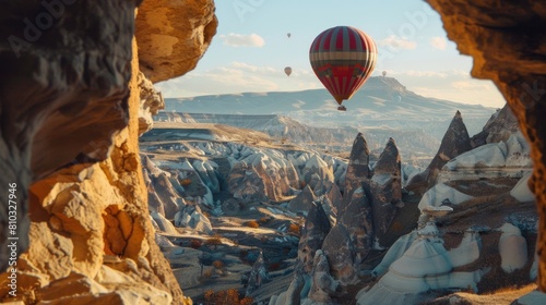 Old ancient home cave in big stone, hot air balloons fly over deep canyons, valleys Cappadocia Goreme National Park, Turkey Travel tourist concept photo