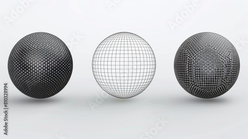 3D sphere mesh. Globe shapes with dots and line grid, orb wire structure models matrix futuristic concept. Digital polygonal balls with particles vector set 3D avatars set vector icon, white backgroun