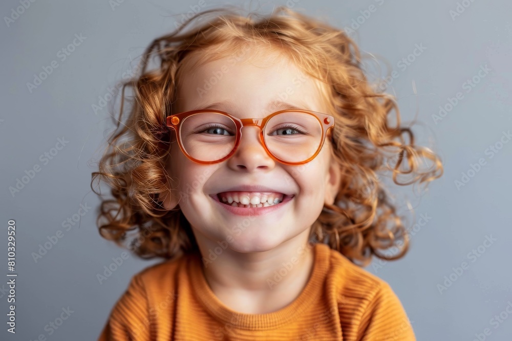 A child smiles with glasses on a plain background. Children's vision and eye health concept A child smiles with glasses on a plain background. Children's vision and eye health concept