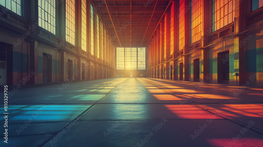 The photo shows an empty warehouse with bright colorful lighting. The photo shows an empty warehouse with bright colorful lighting.
