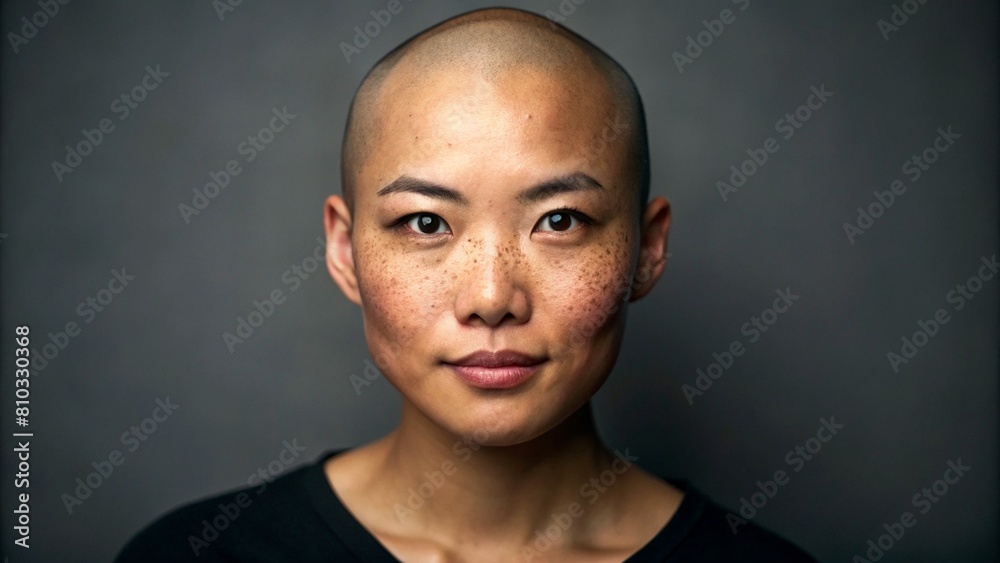 woman with shaved head and black shirt posing for a picture woman with shaved head and black shirt posing for a picture