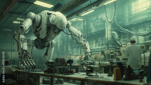 The image shows a giant robot being assembled in a factory