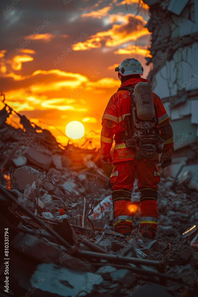 A rescue worker penetrates the rubble of a building to search for victims trapped after an earthquake.,