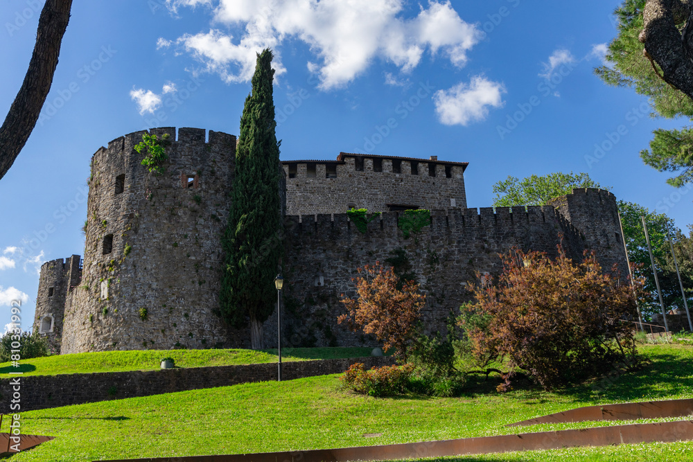 City of Gorizia, Castel on top the hill, wall and fortification, cannons. Panorama whole city. The beautiful streets and the castle behind them are a trace of history. Cultural Heritage Capital 2025. City of Gorizia, Castel on top the hill, wall and fortification, cannons. Panorama whole city. The beautiful streets and the castle behind them are a trace of history. Cultural Heritage Capital 2025.