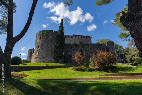 City of Gorizia, Castel on top the hill, wall and fortification, cannons. Panorama whole city. The beautiful streets and the castle behind them are a trace of history. Cultural Heritage Capital 2025. photo