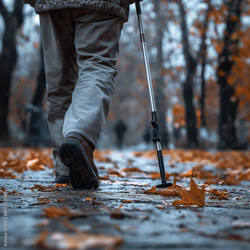 A person with a cane walks down a wet, leaf-covered sidewalk, surrounded by trees. A person with a cane walks down a wet, leaf-covered sidewalk, surrounded by trees.