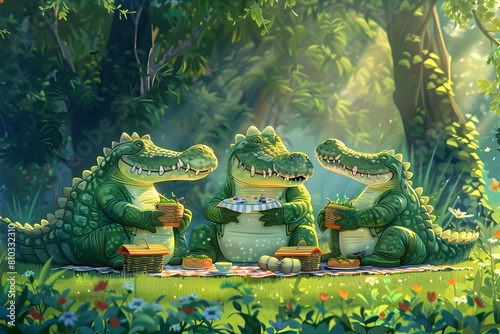 Crocodile Family Enjoying Cozy Park Picnic with Whimsical Cartoon like Designs and Lush Greenery Backdrop photo