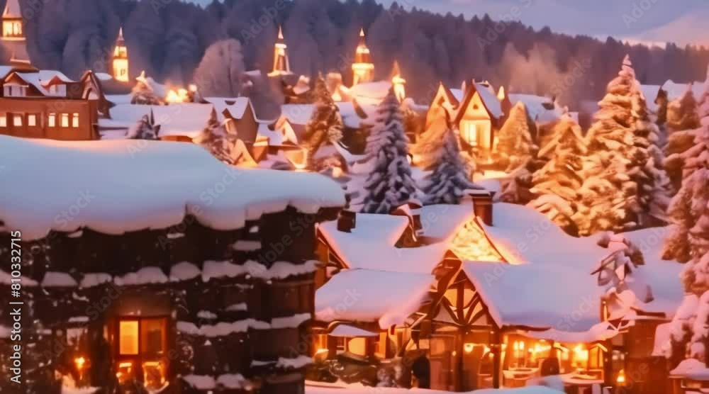 Vibrant snowy Christmas scenery Christmas village with winter market and big Christmas trees Vibrant snowy Christmas scenery Christmas village with winter market and big Christmas trees