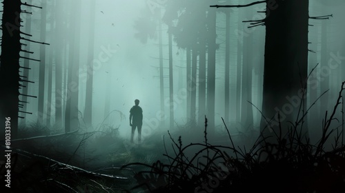 Mysterious Figure Vanishing in Enigmatic Forest Silhouette. photo