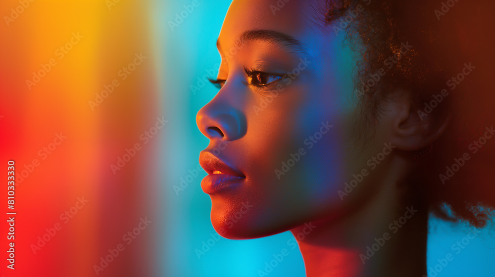 Closeup portrait of a beautiful black woman with Afro hairstyle on bright colorful background with blue, pink and yellow neon lights.