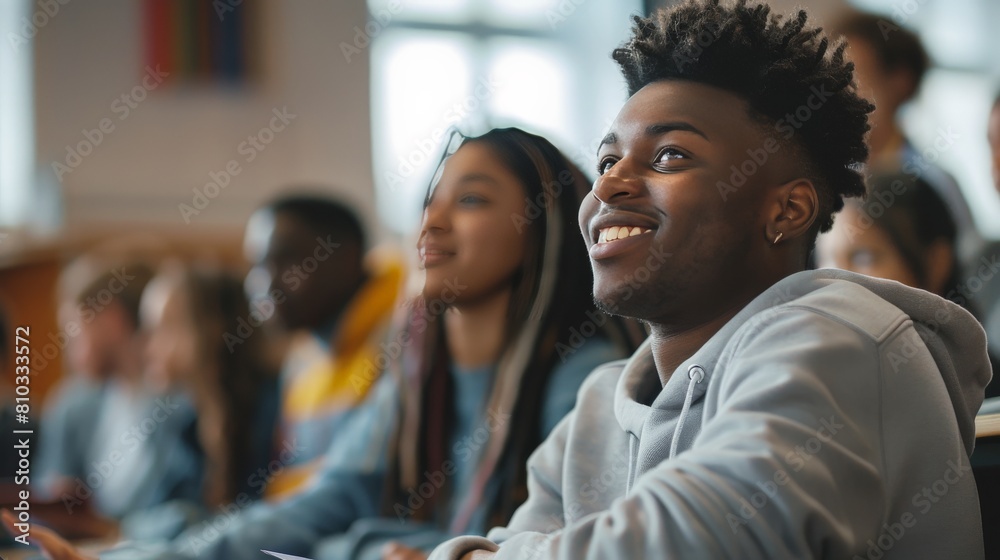 A happy college student sitting in a classroom. They are listening attentively to the lecture and are taking notes. The student is engaged in the material and is enjoying learning. A happy college student sitting in a classroom. They are listening attentively to the lecture and are taking notes. The student is engaged in the material and is enjoying learning.