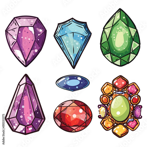 Colorful gemstones cartoon illustration, various shapes colors depicted. Handdrawn style gems, perfect game graphics, educational materials minerals. Vibrant shiny crystals, illustration suitable