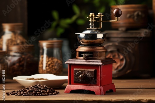Retro coffee grinder with coffee beans on wooden table