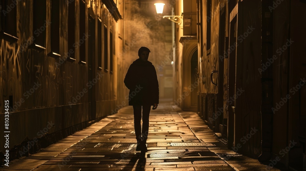 Mysterious Person Walking in Dark Alley Silhouette