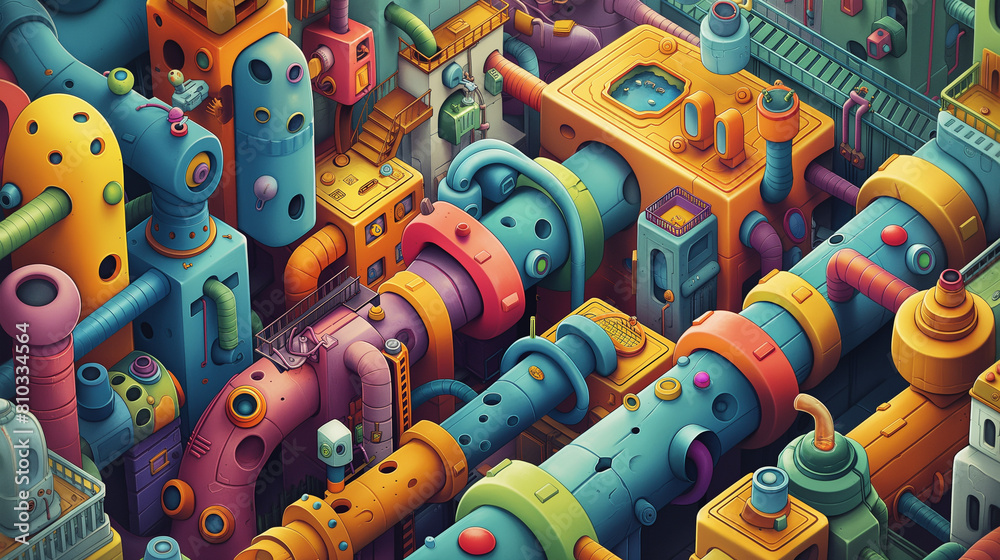 The image is a colorful and abstract depiction of a city